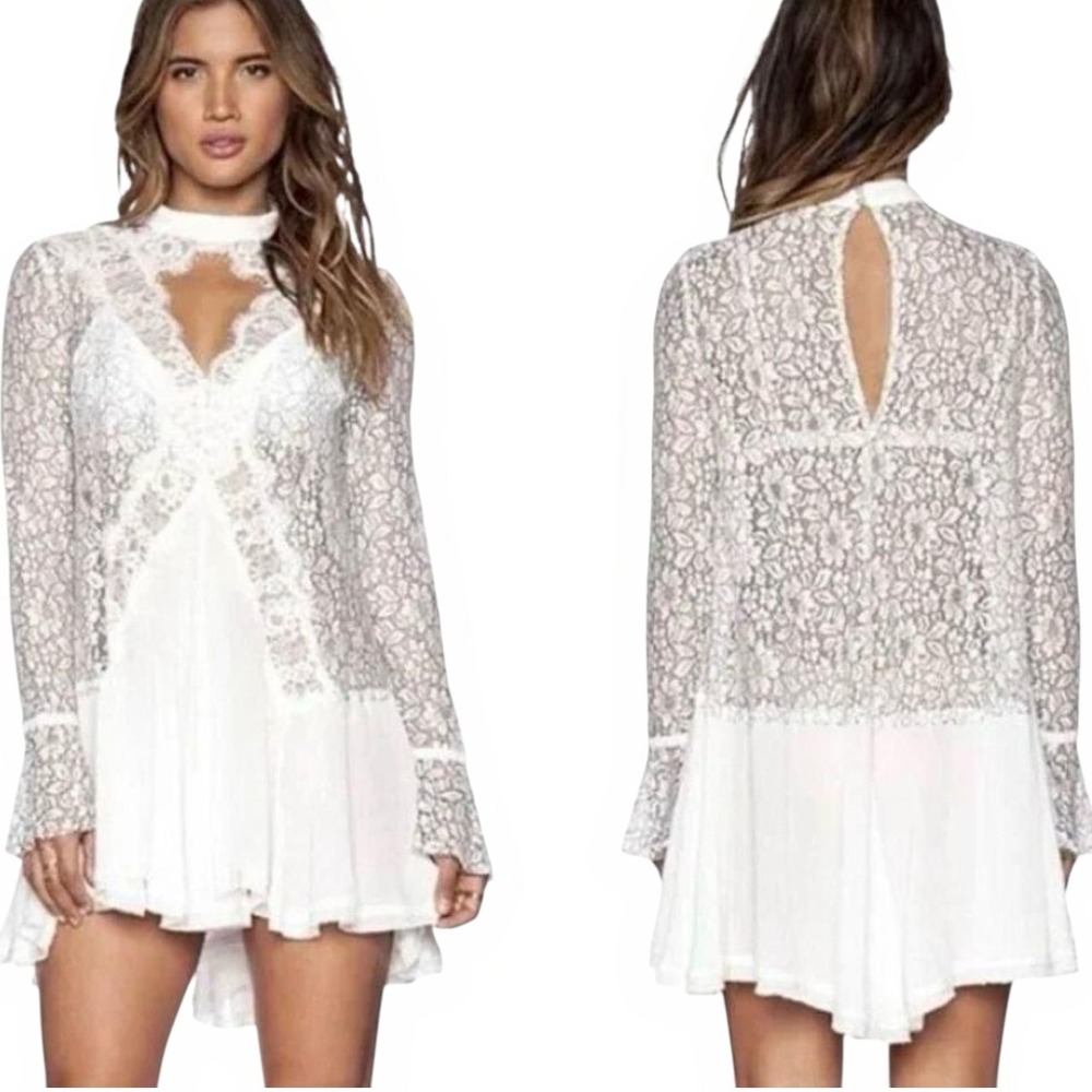 Free People Tell Tale White Cutout Lace Tunic Mini Dress Small Boho‎ Festival